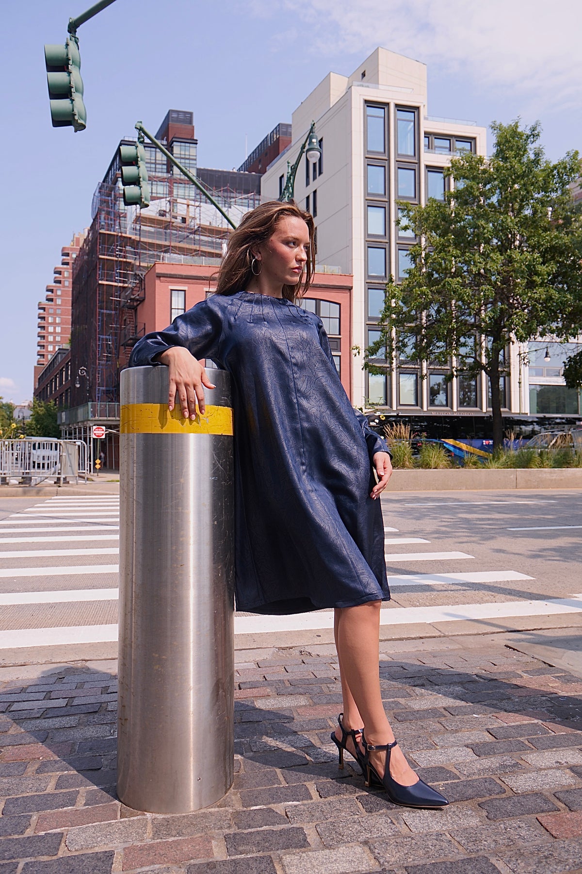 A-line leather texture dress - Navy