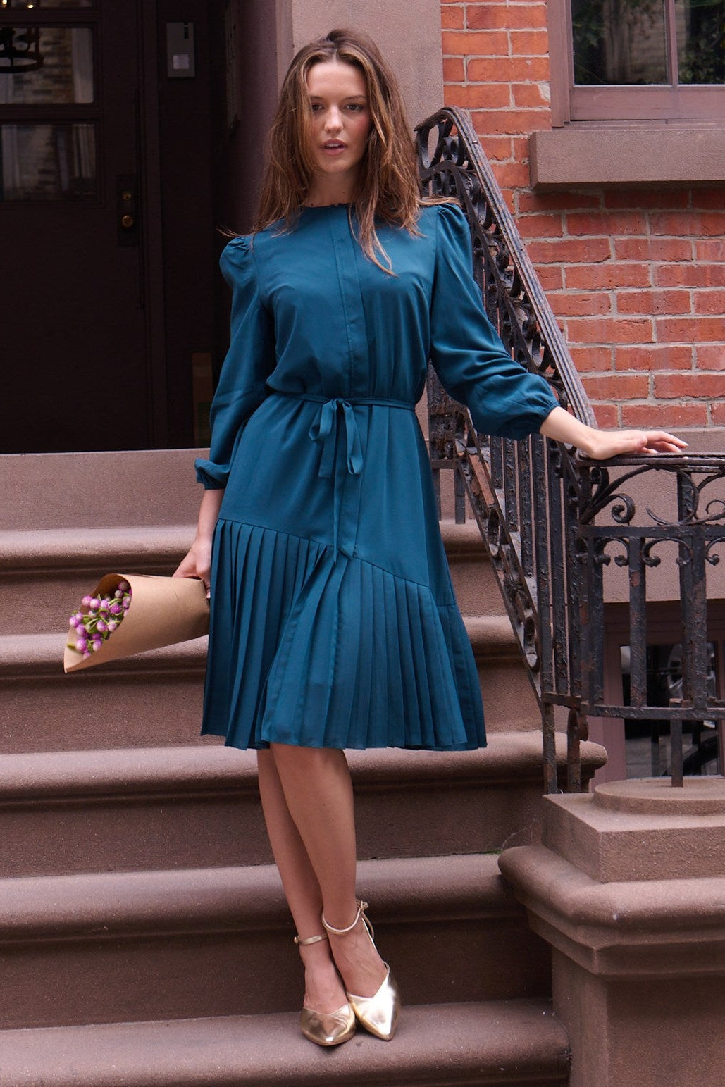 Asymmetrical pleated shift dress - Teal