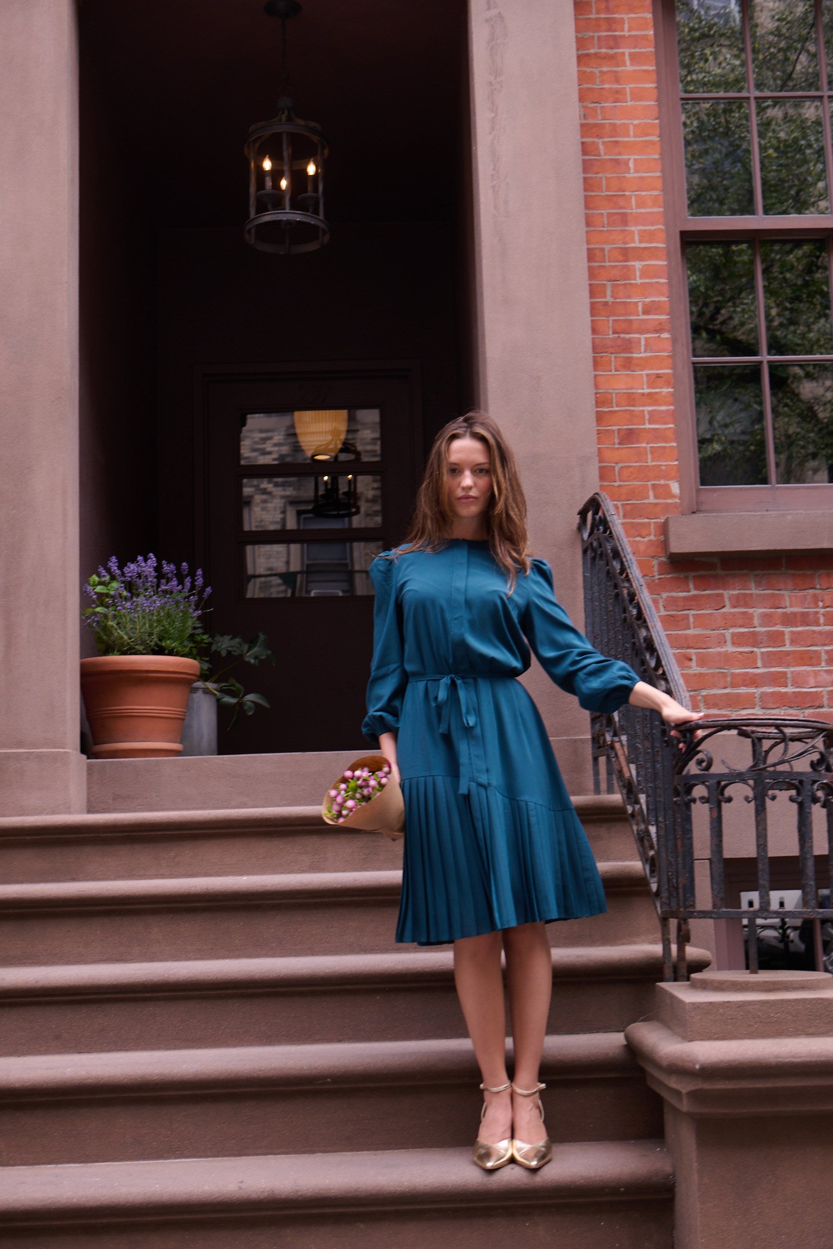 Asymmetrical pleated shift dress - Teal