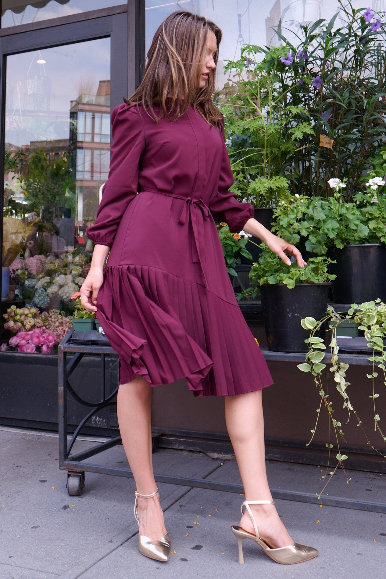 Asymmetrical pleated shift dress - Plum