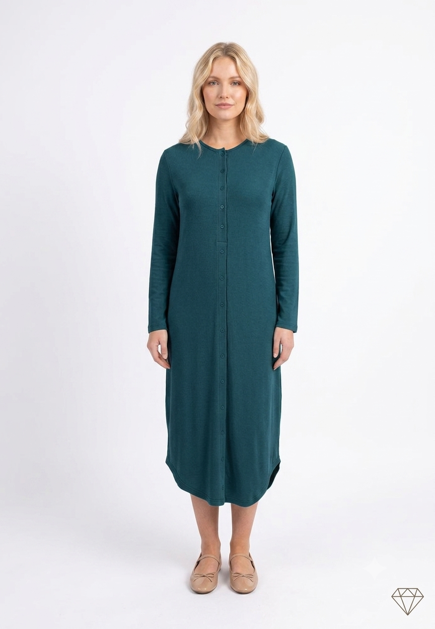Button down rounded hem basic dress - Green