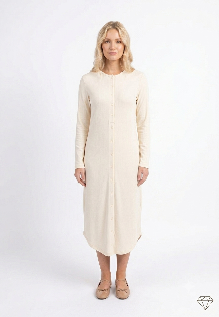 Button down rounded hem basic dress - Cream