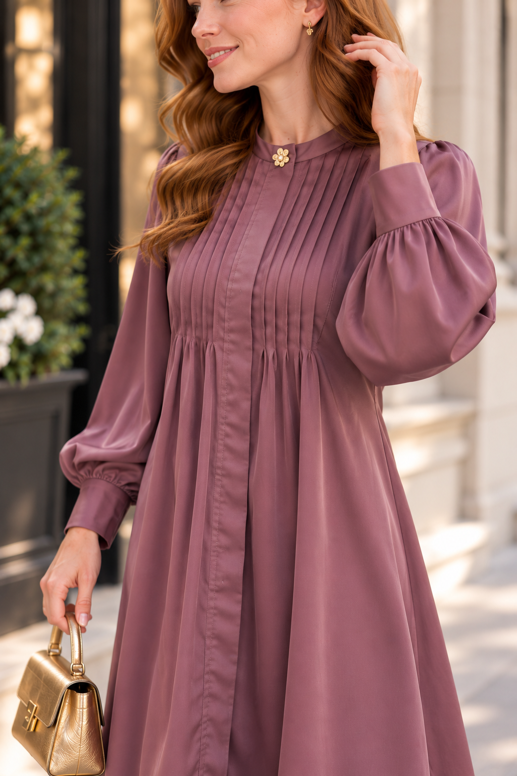 Micro pleats satin dress
- Mauve