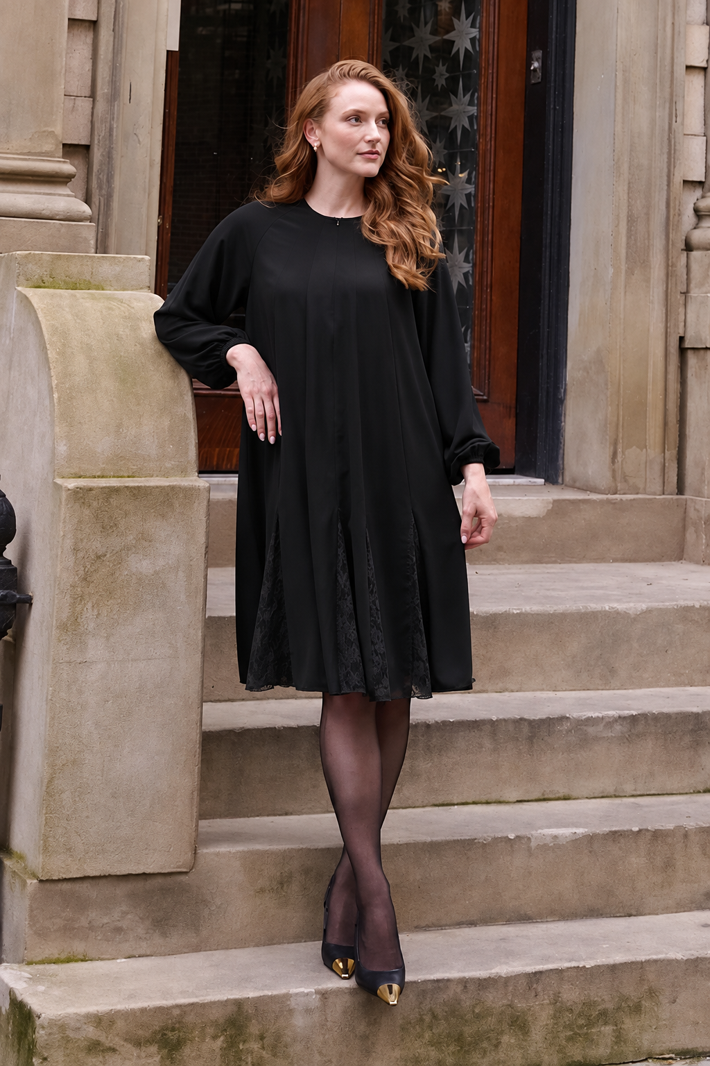 Lace inset Chiffon dress - Black