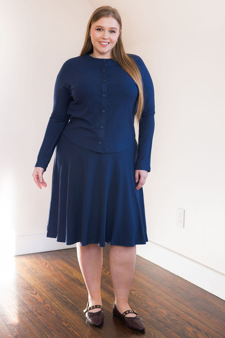 Button down shirt and circle skirt set - Navy