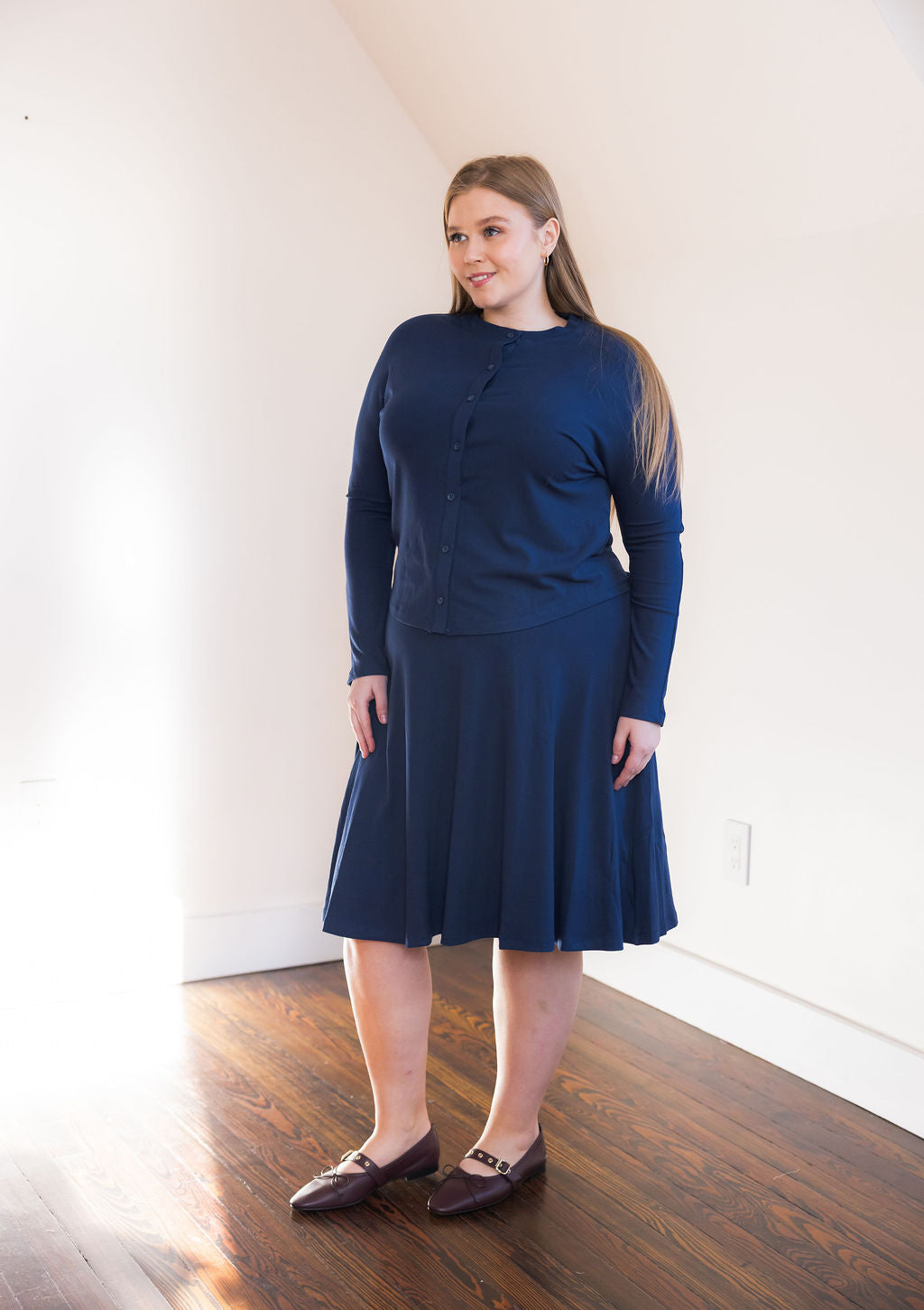 Button down shirt and circle skirt set - Navy