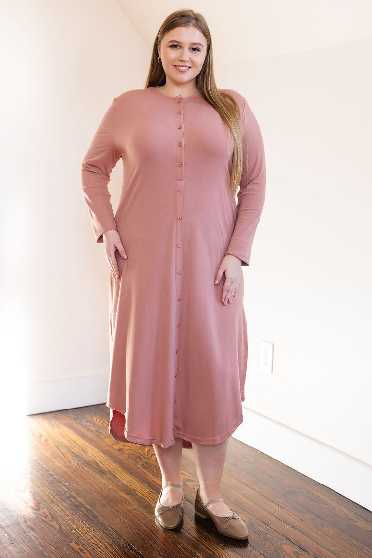 Button down rounded hem basic dress - Pink