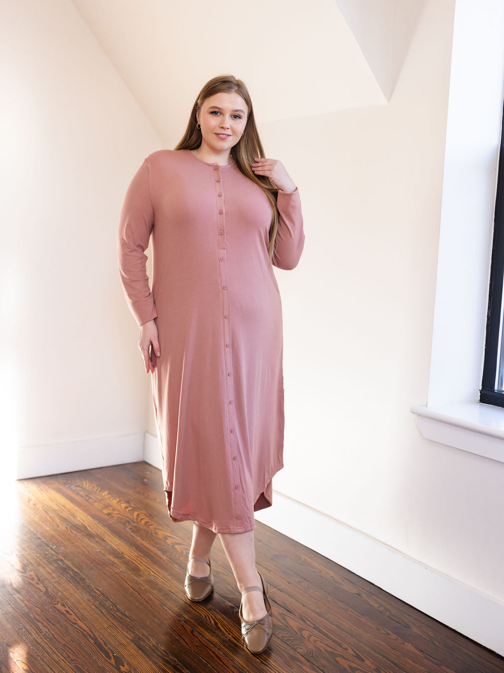 Button down rounded hem basic dress - Pink