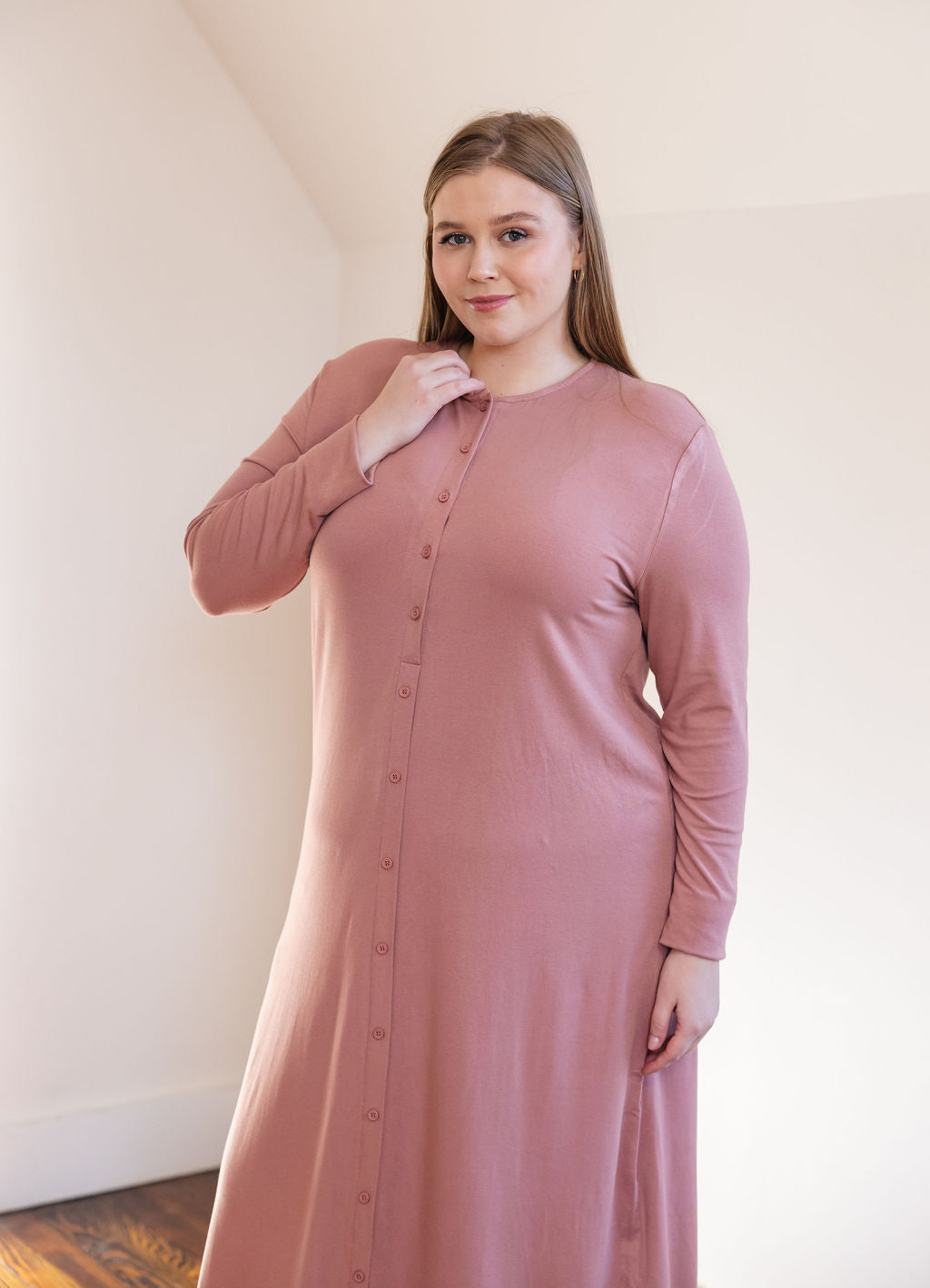 Button down rounded hem basic dress - Pink