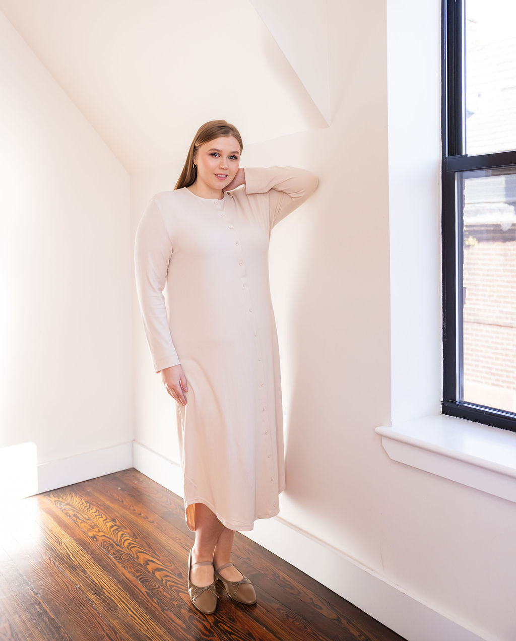 Button down rounded hem basic dress - Cream