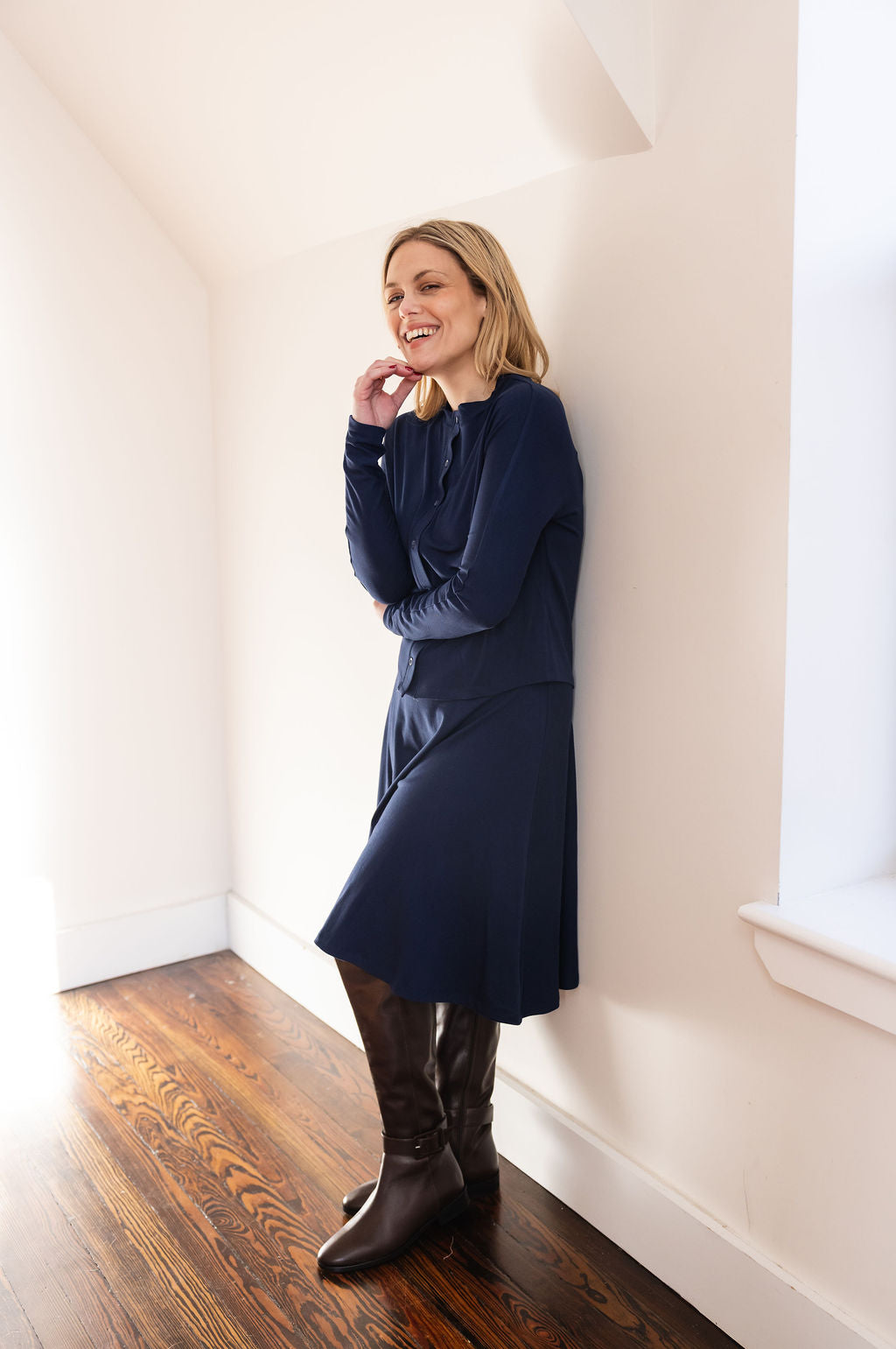 Button down shirt and circle skirt set - Navy