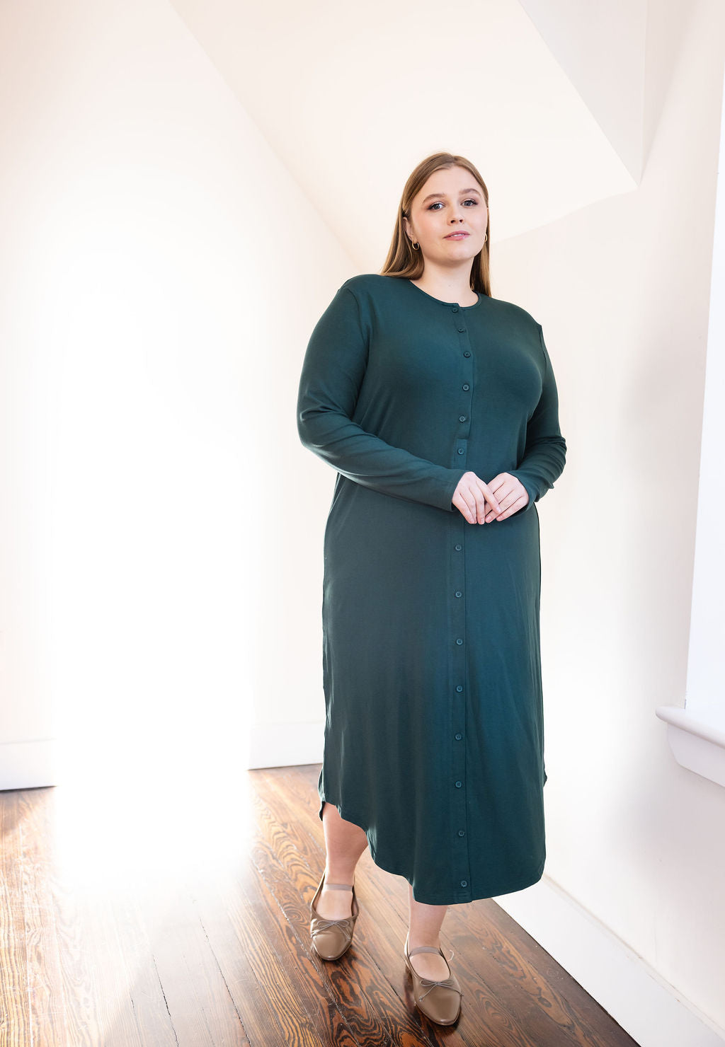 Button down rounded hem basic dress - Green