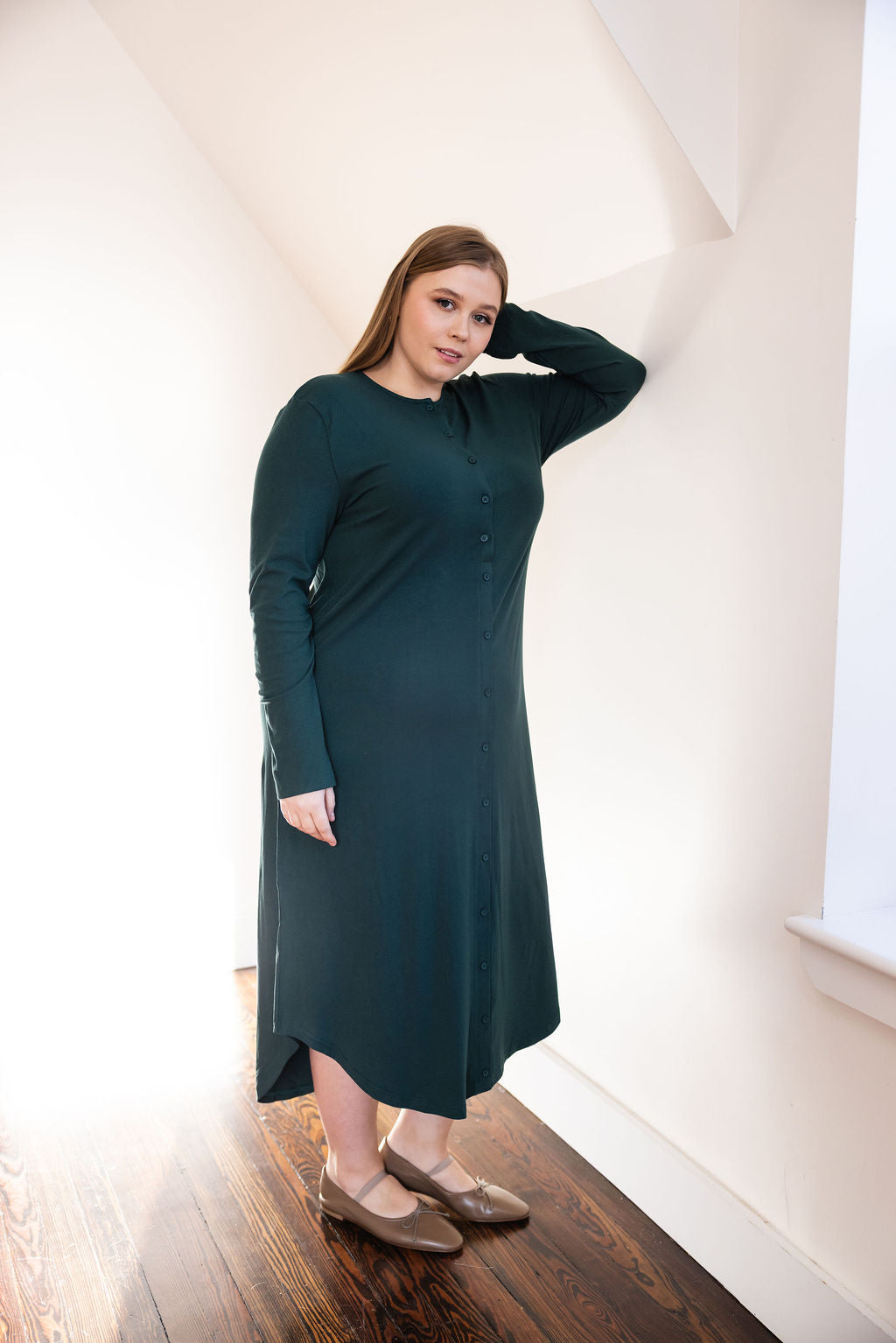 Button down rounded hem basic dress - Green