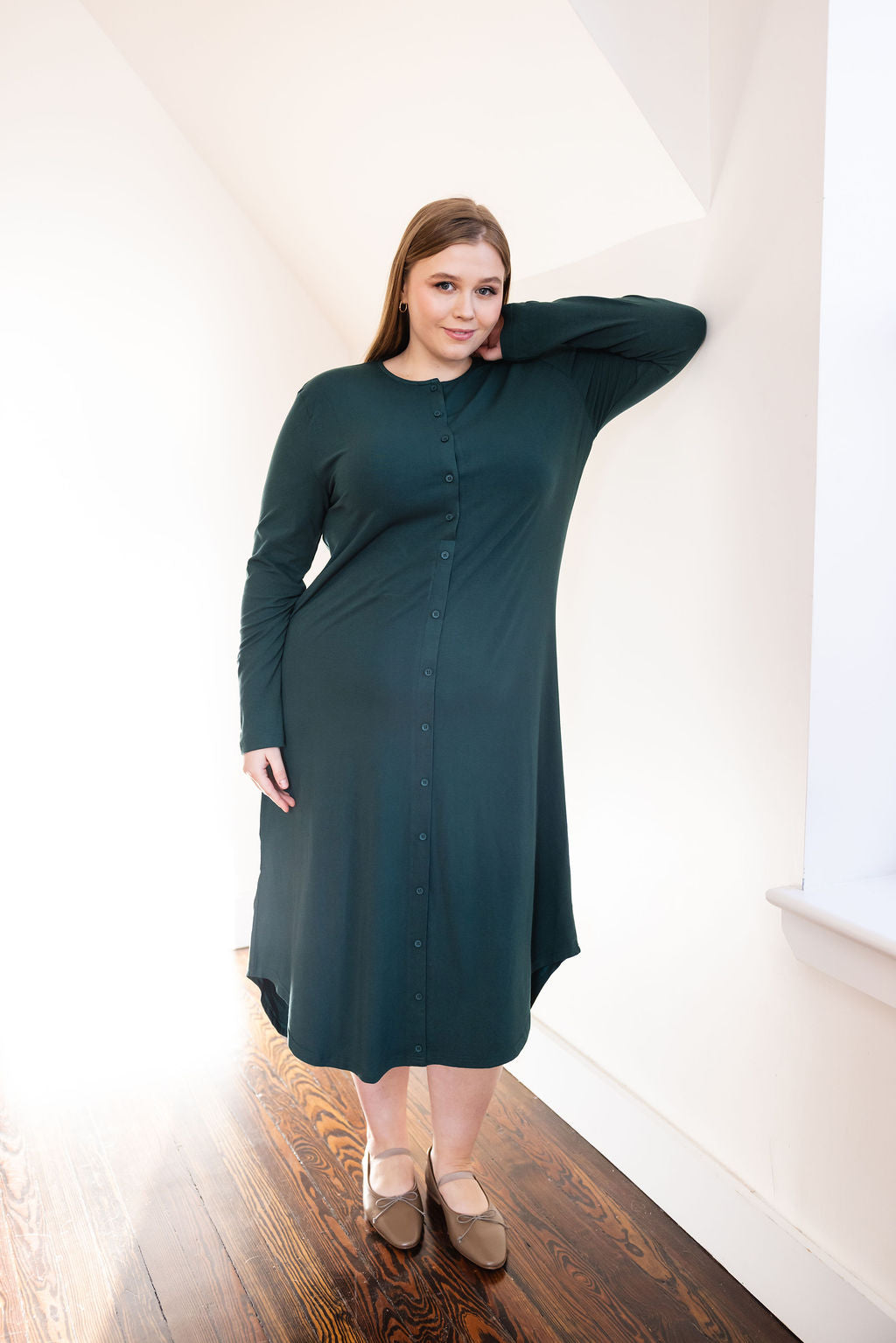 Button down rounded hem basic dress - Green