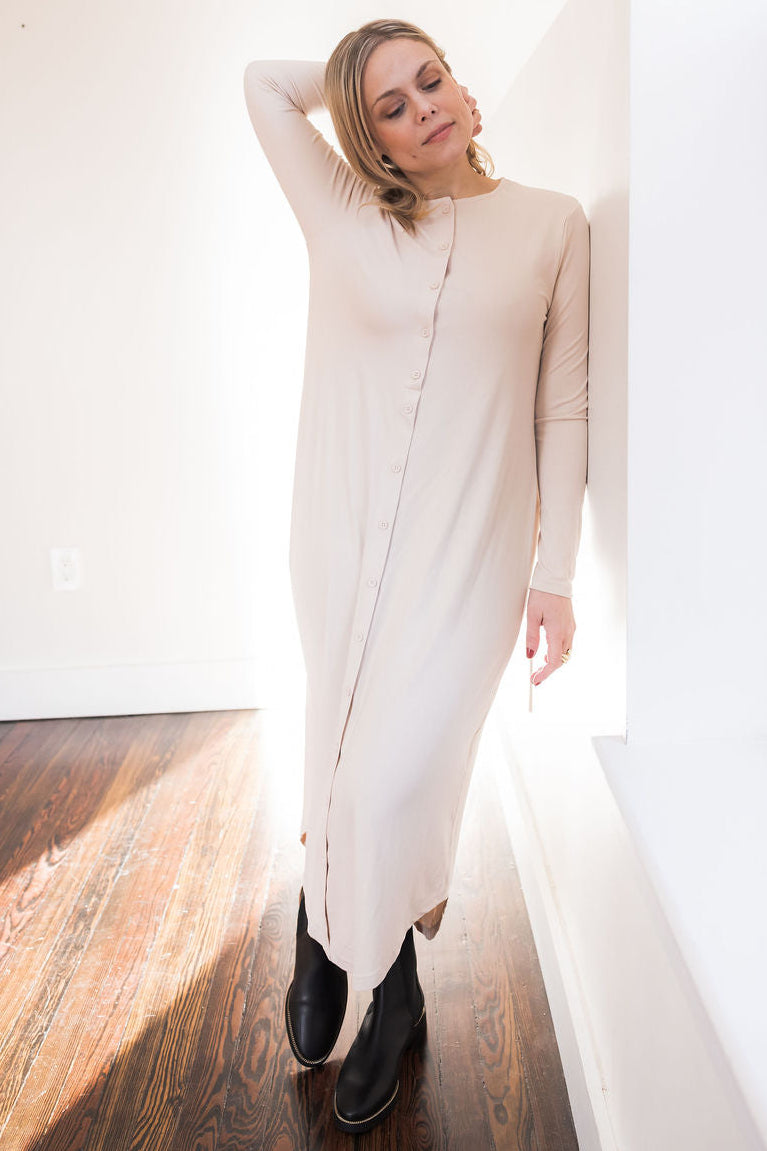 Button down rounded hem basic dress - Cream