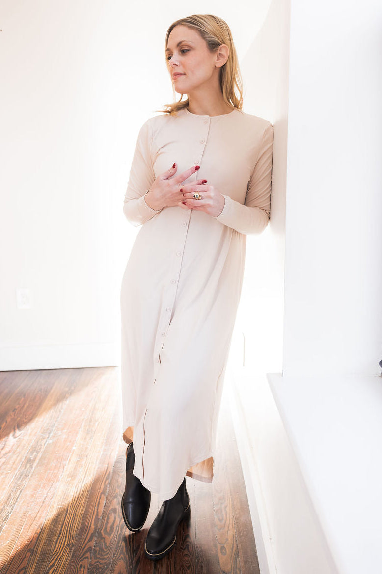 Button down rounded hem basic dress - Cream