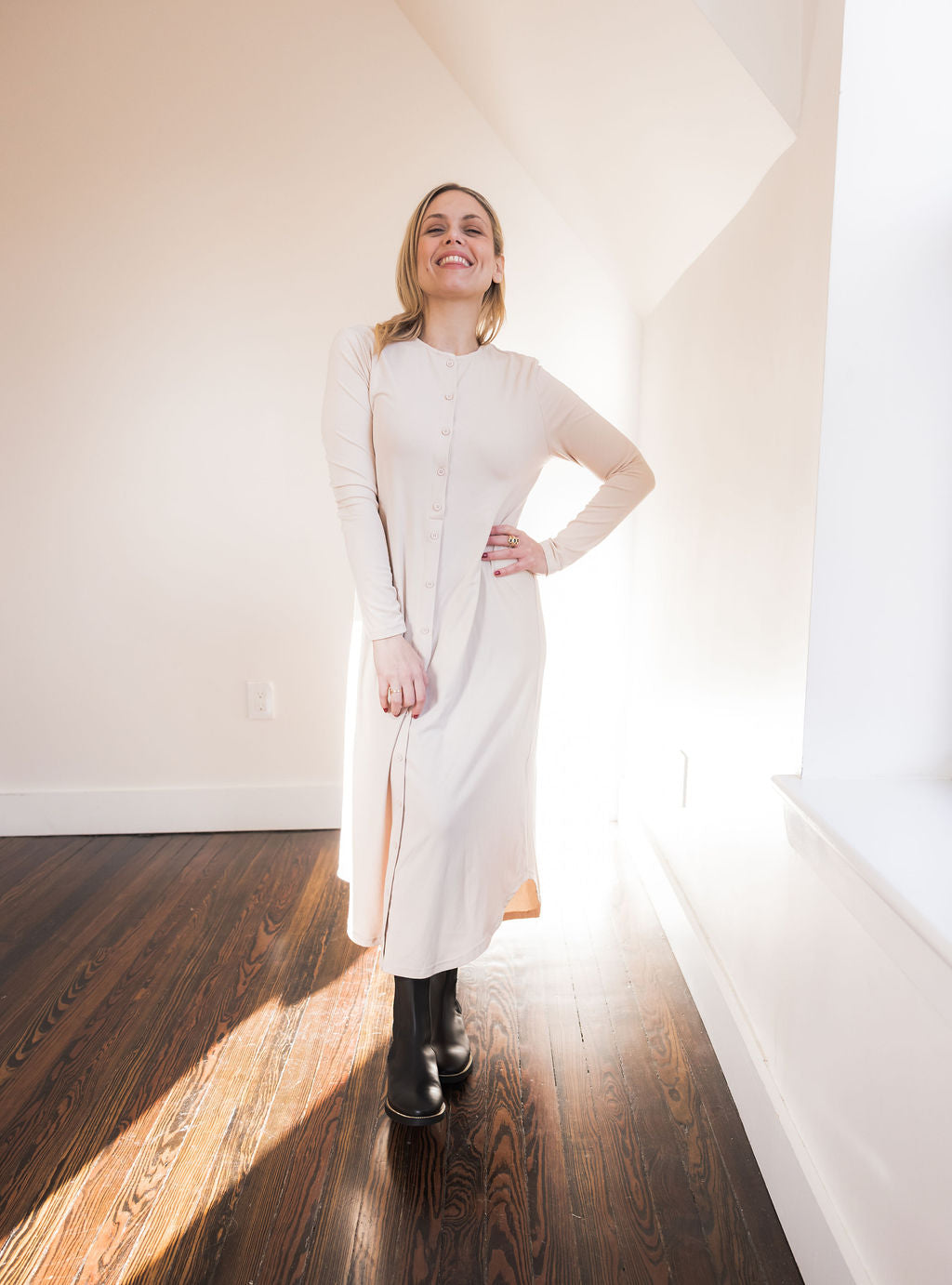 Button down rounded hem basic dress - Cream