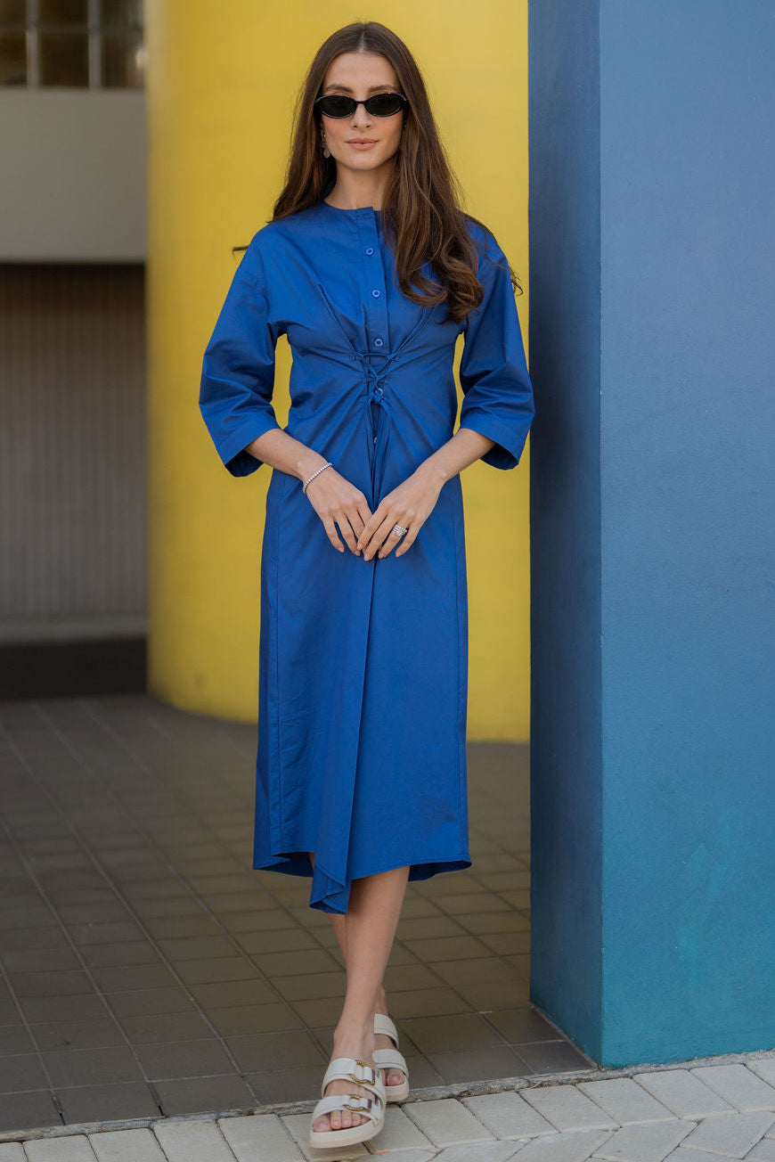 Elowen Cotton Tie-Waist Dress - Coblat Blue