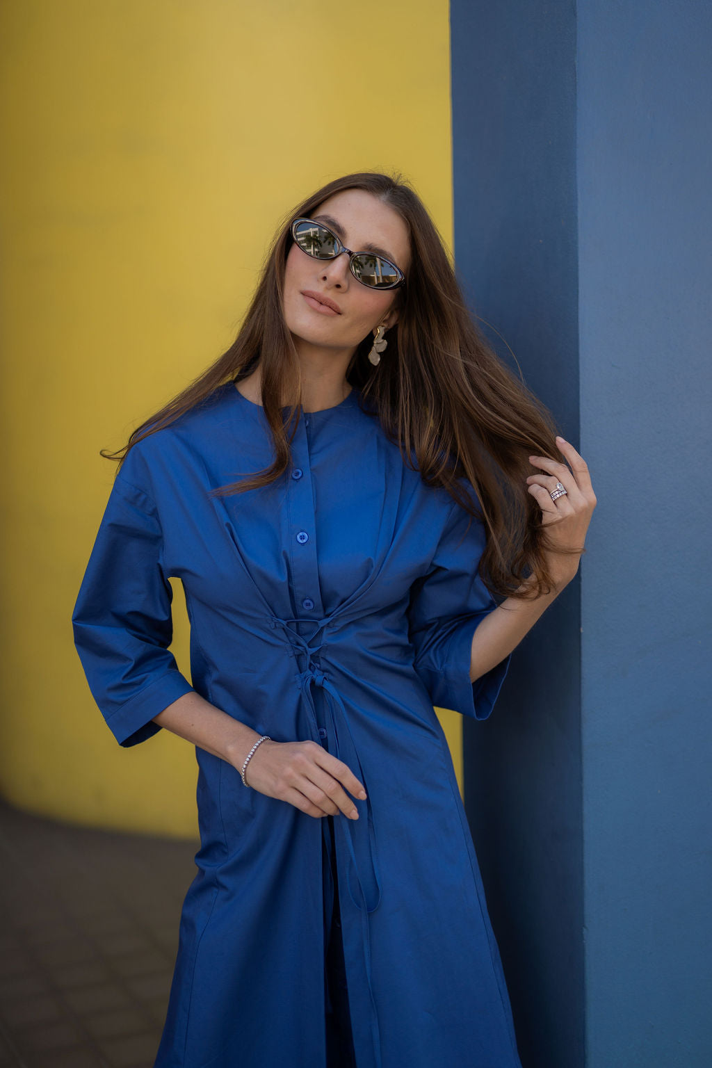 Elowen Cotton Tie-Waist Dress - Coblat Blue