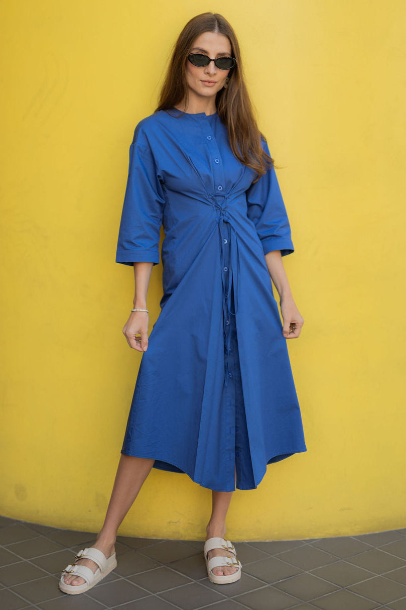 Elowen Cotton Tie-Waist Dress - Coblat Blue