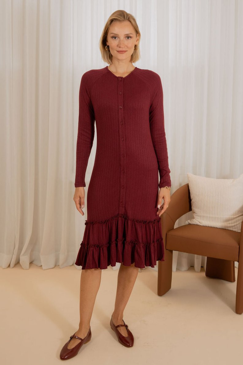 Knit drop layers button down dress