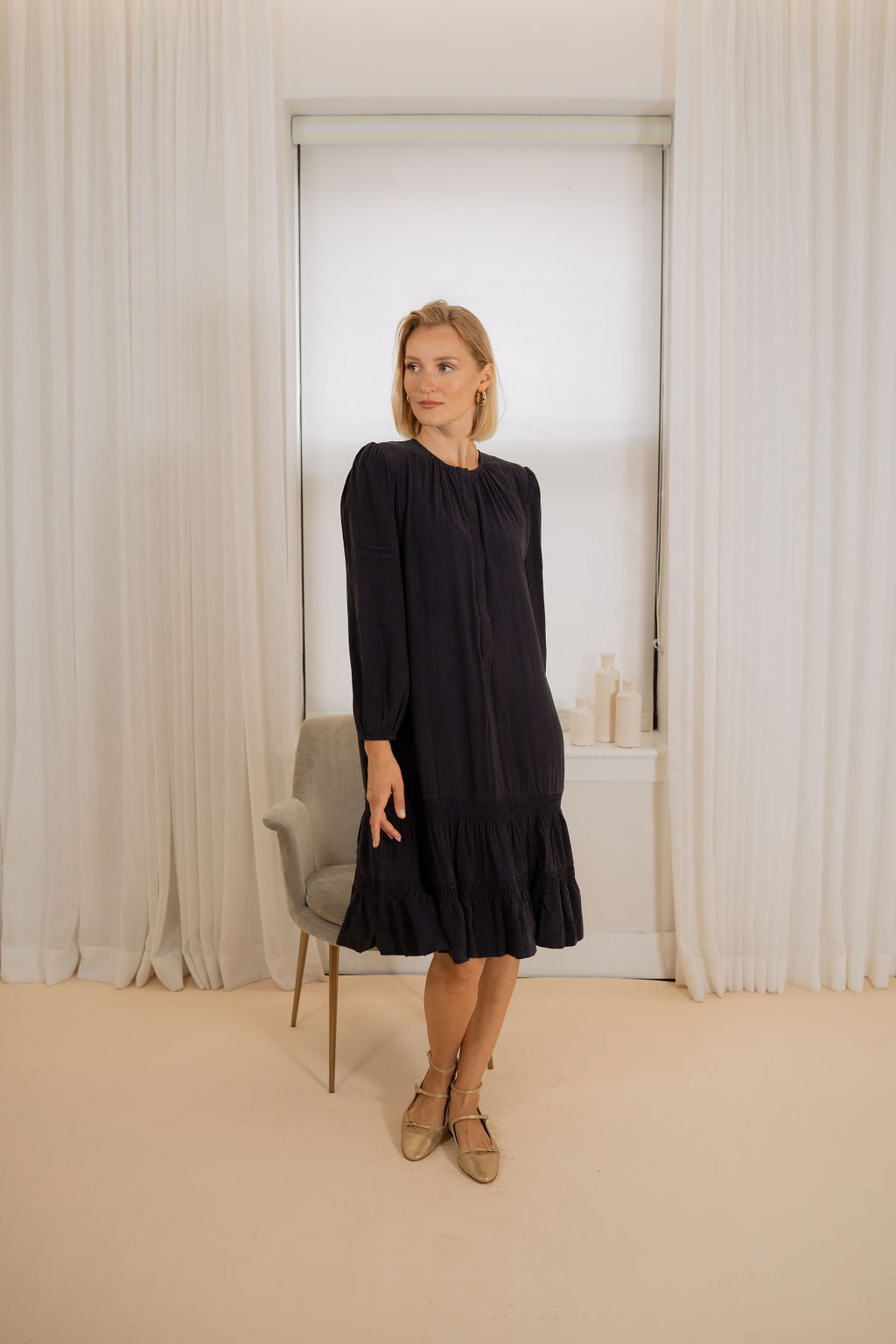 Two layers drop smock Crepe dress