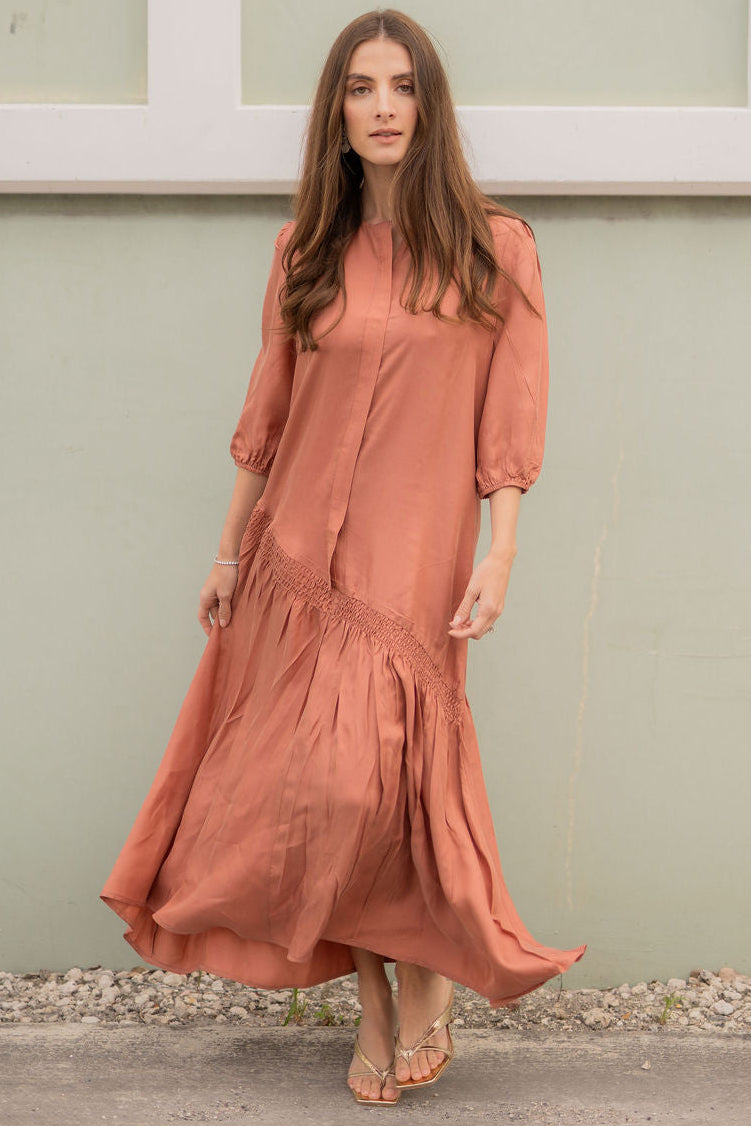 Asymmetrical smock drop Cupro maxi dress - Peach