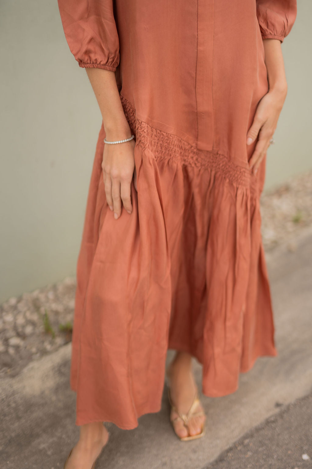 Asymmetrical smock drop Cupro maxi dress - Peach