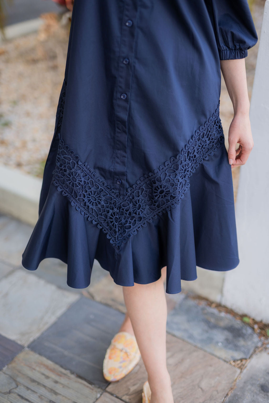 Button Front Lace Cotton Dress - Navy