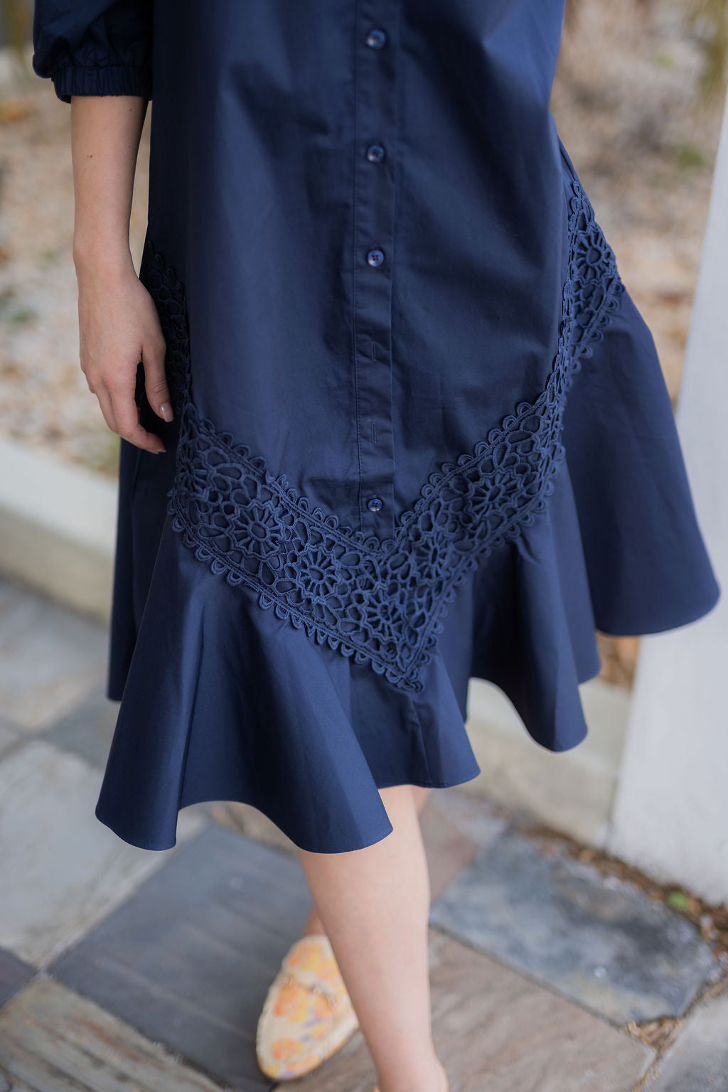 Button Front Lace Cotton Dress - Navy