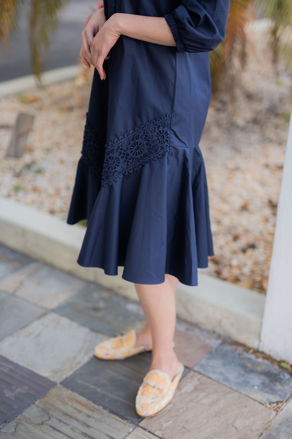 Button Front Lace Cotton Dress - Navy