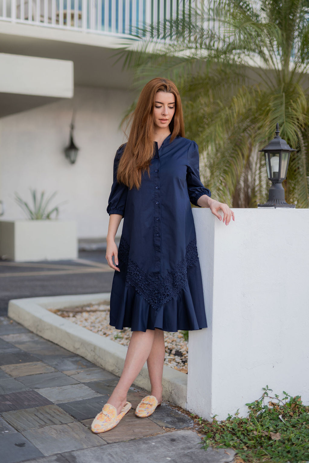 Button Front Lace Cotton Dress - Navy