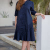 Button Front Lace Cotton Dress - Navy