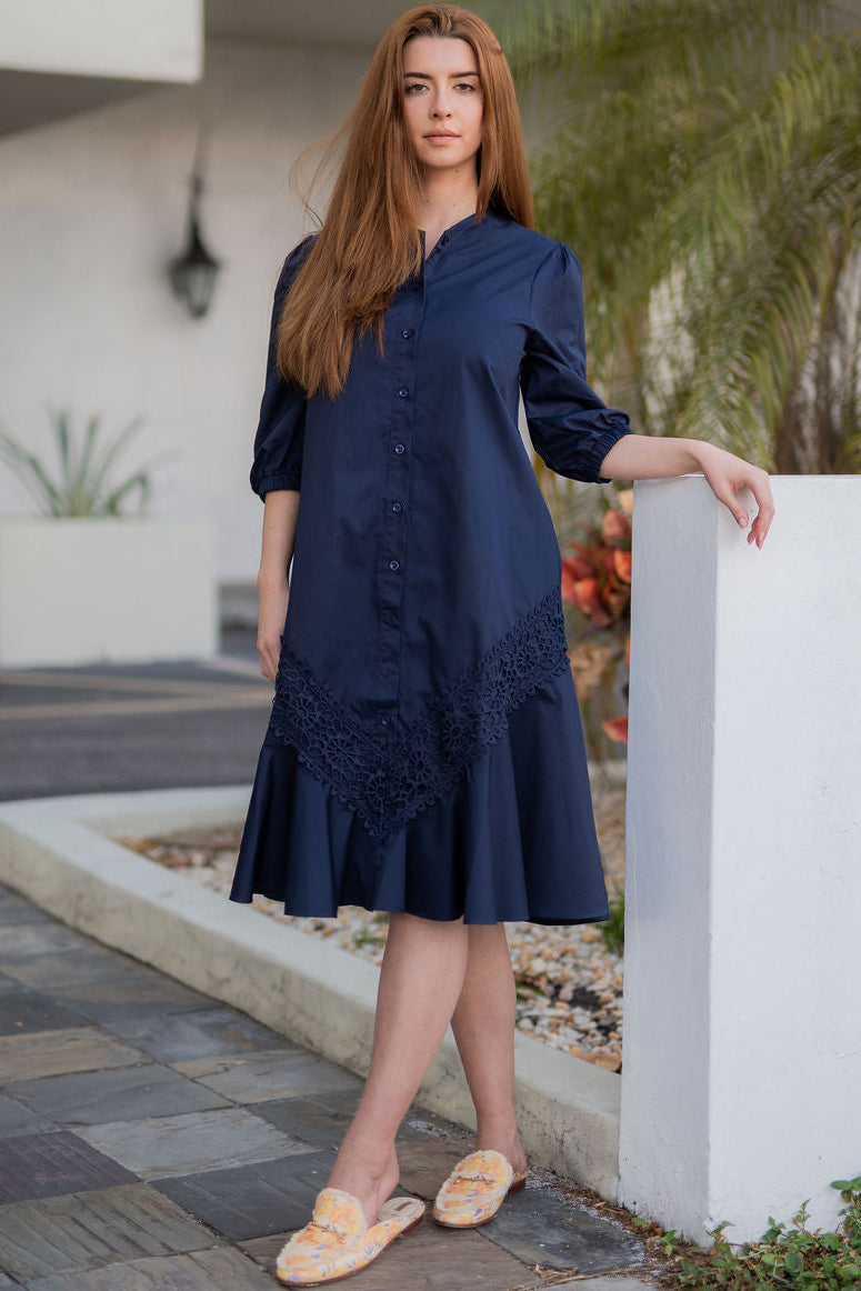 Button Front Lace Cotton Dress - Navy