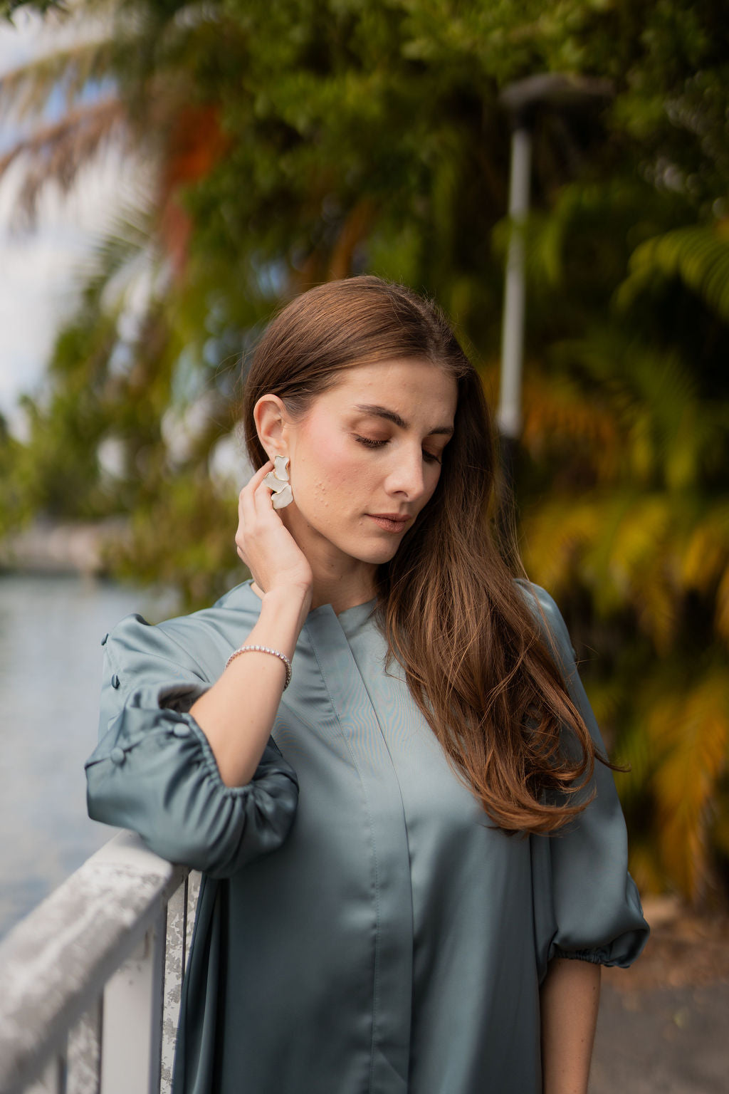 Selene Button-Trim Sleeve Dress - Sea foam