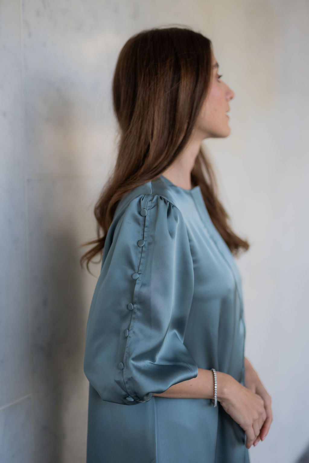 Selene Button-Trim Sleeve Dress - Sea foam