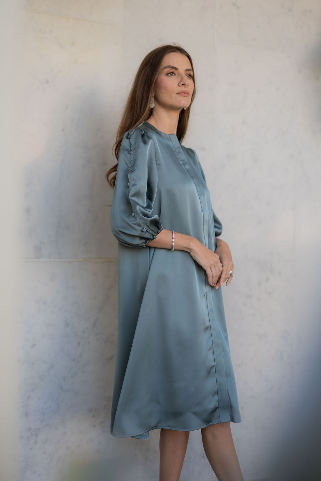 Selene Button-Trim Sleeve Dress - Sea foam