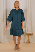 A-line satin dress pleated sleeves