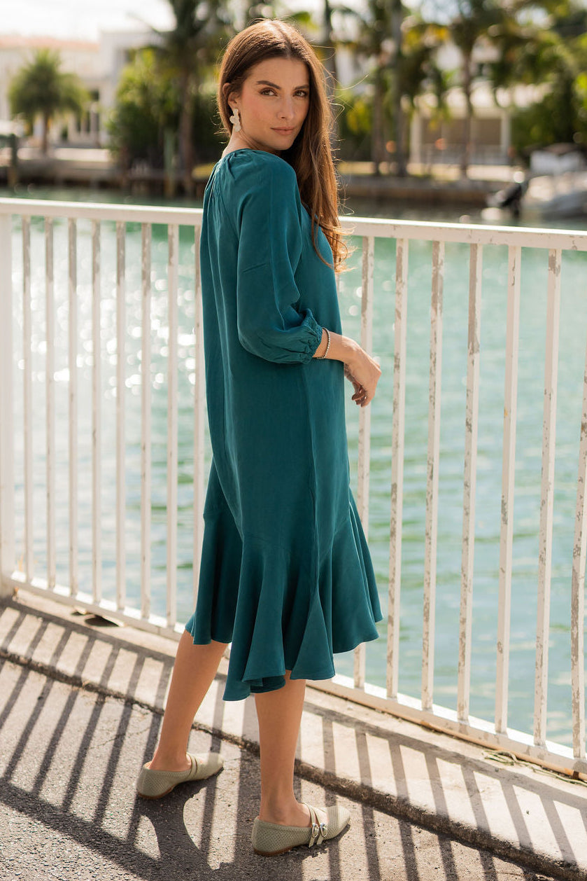 Soft Drape Panel Cupro Dress - Teal