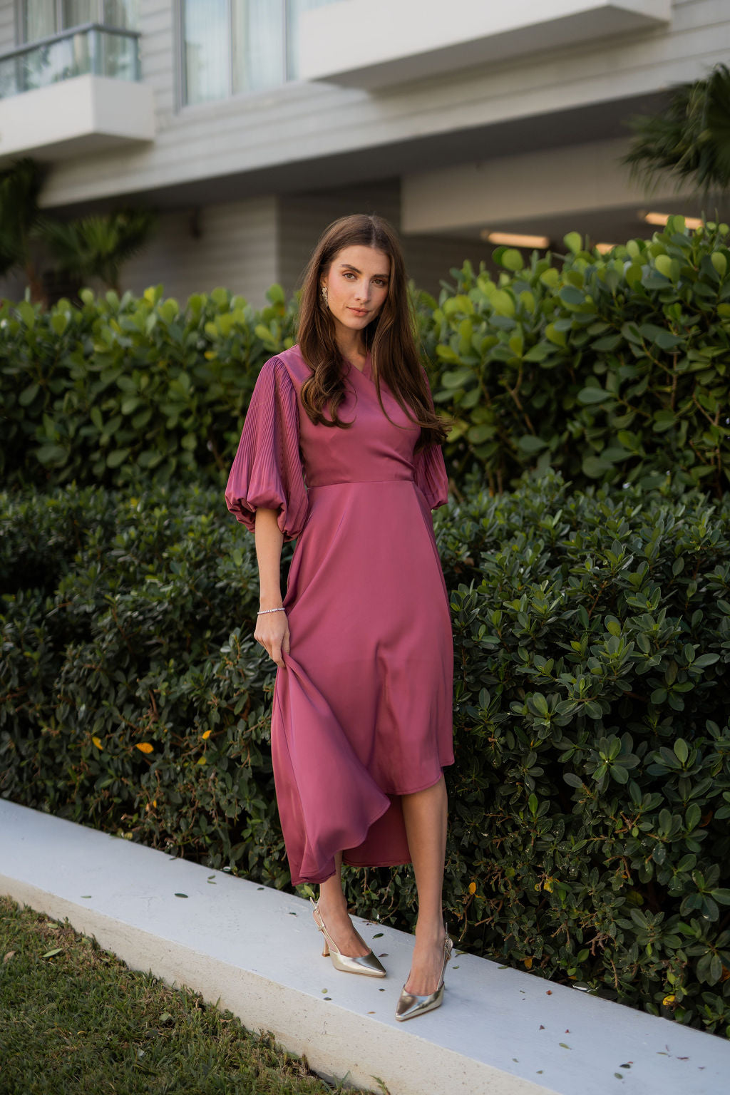 Celeste Pleated Sleeve Dress - Rose