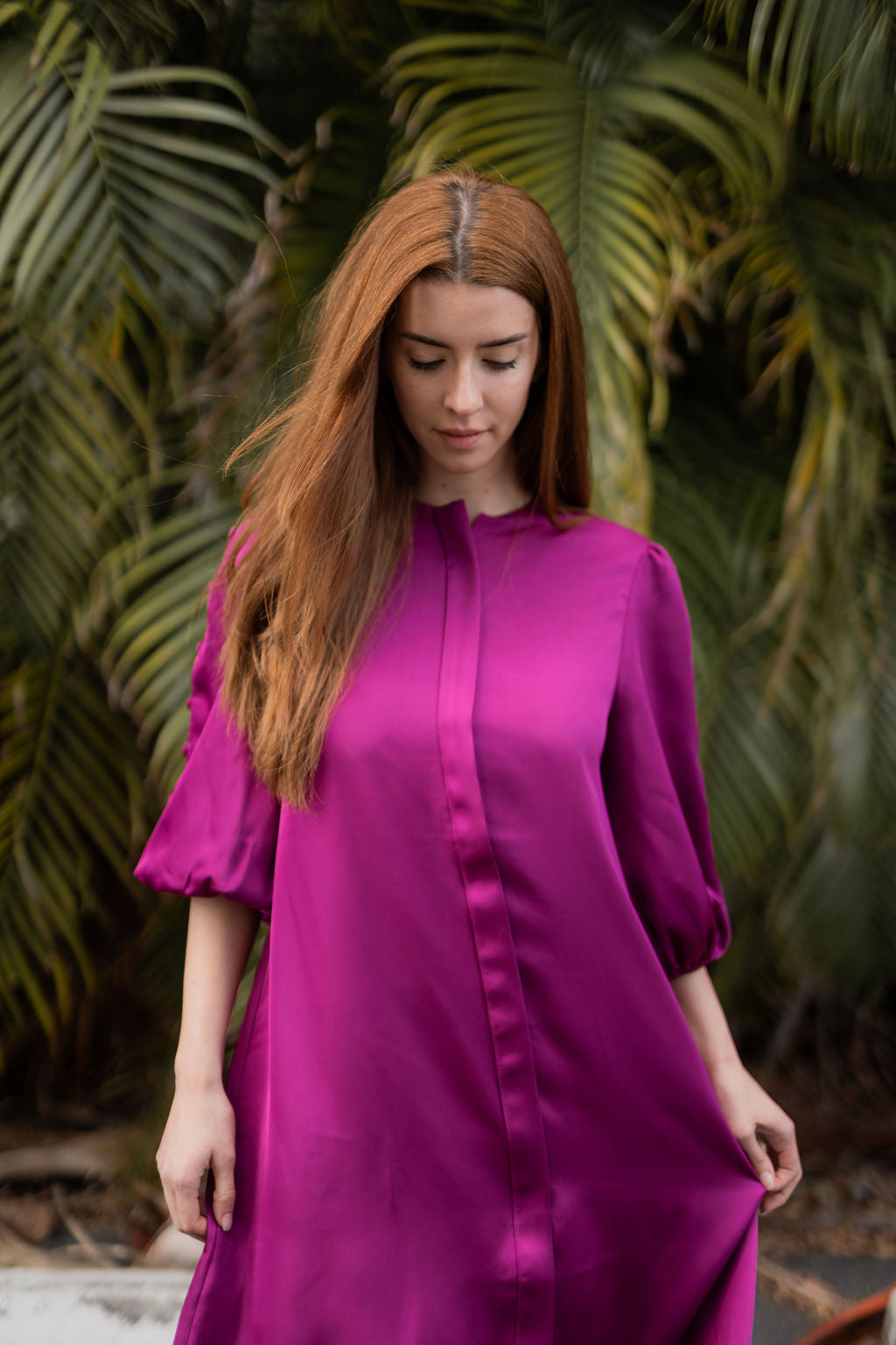 Selene Button-Trim Sleeve Dress - Magenta