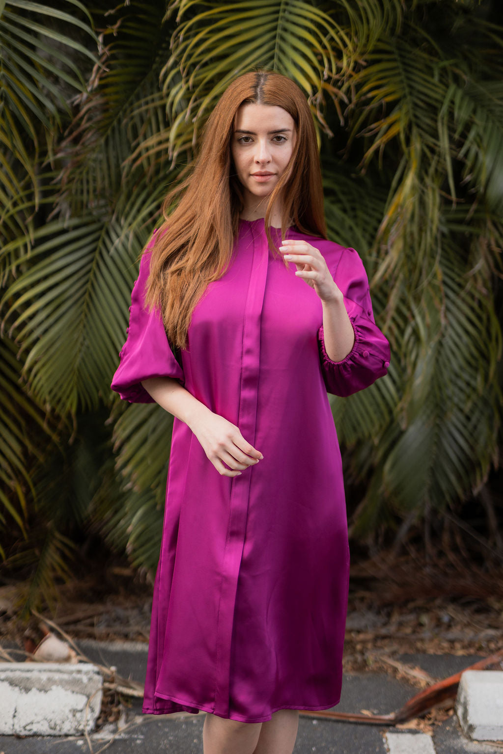 Selene Button-Trim Sleeve Dress