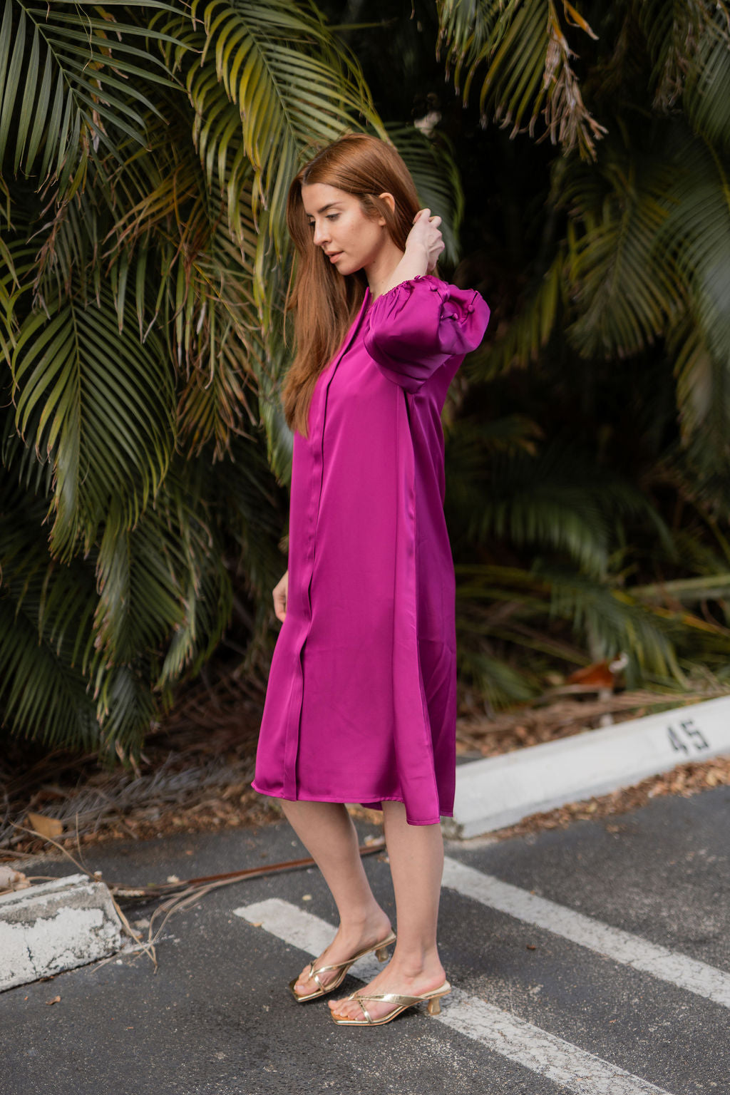 Selene Button-Trim Sleeve Dress - Magenta