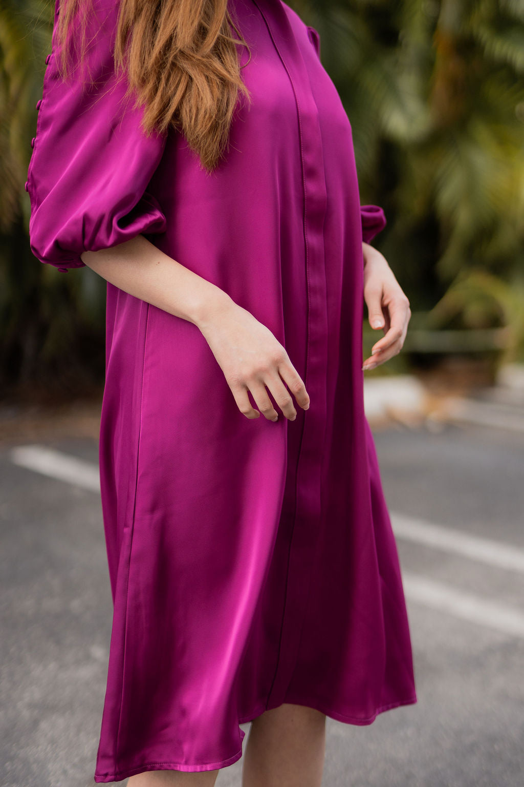 Selene Button-Trim Sleeve Dress - Magenta