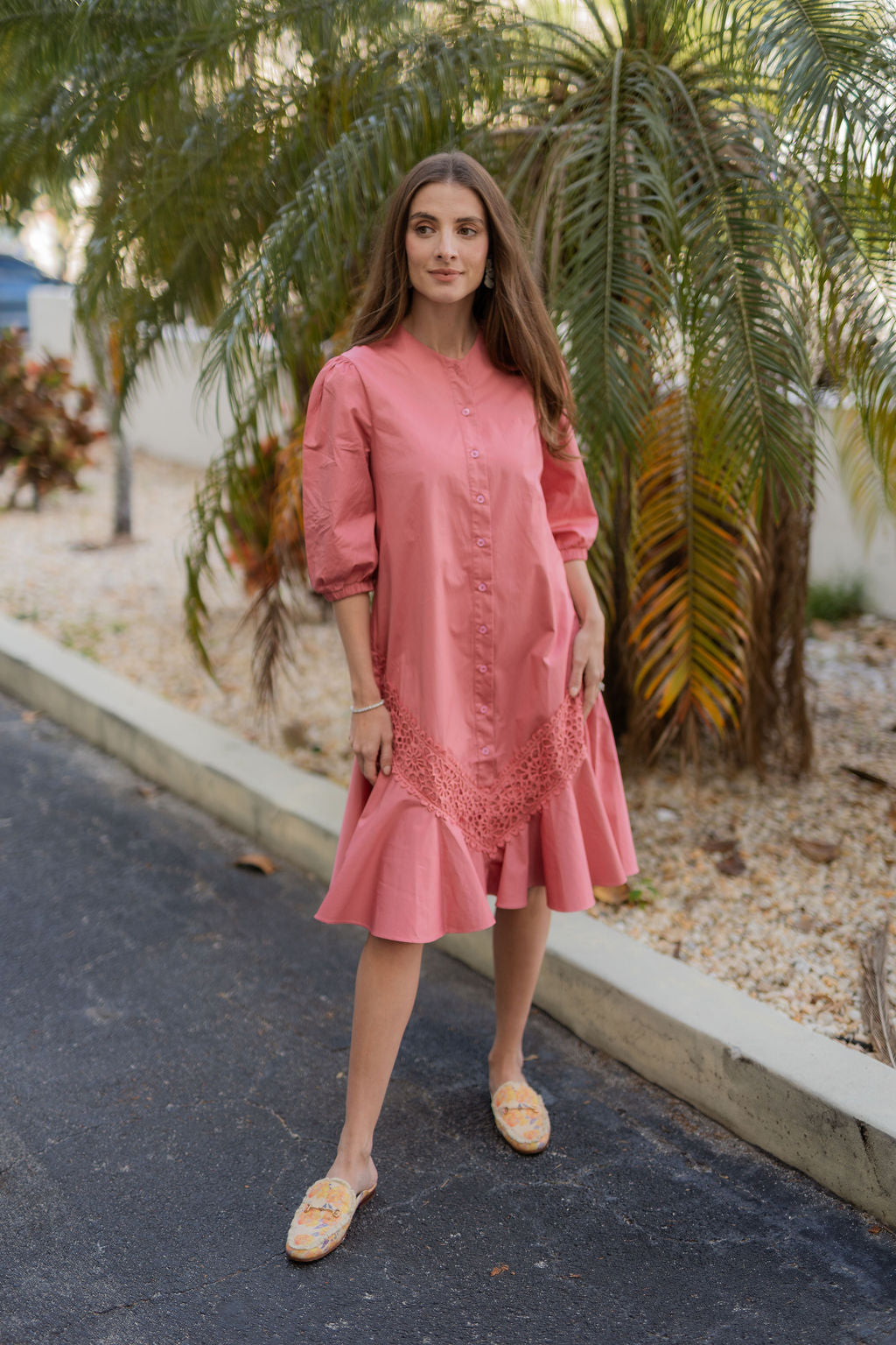 Button Front Lace Cotton Dress - Pink
