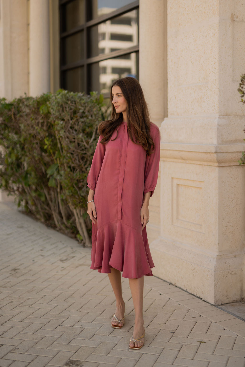 Soft Drape Panel Cupro Dress - Rose